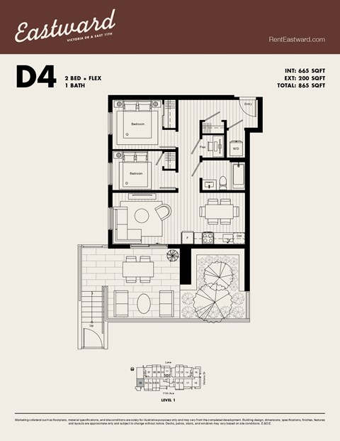 Floor plan for 2 beds, 1 bath, 665 sqft